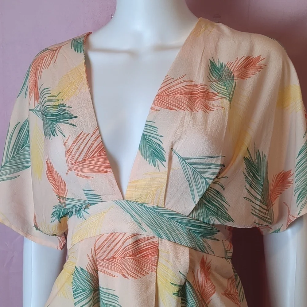 Orange Tropical Palm Tree Plunging V Neck Tie Open Back Summer Mini Dress Medium